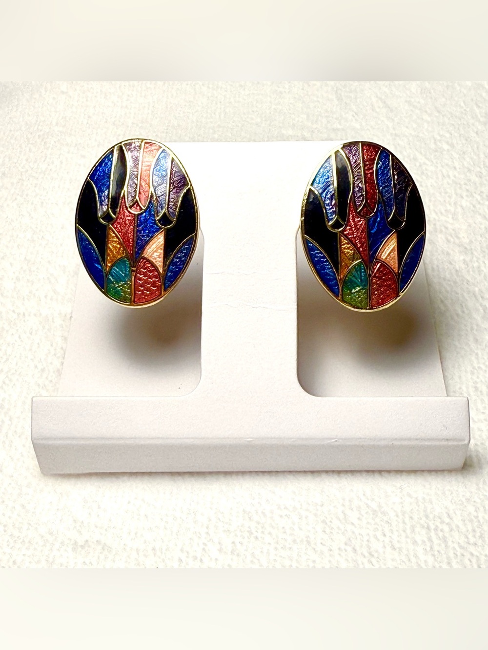 Vintage Cloisonne Enamel Art Deco Pierced Earrings Abstract Mosaic-Women Jewelry